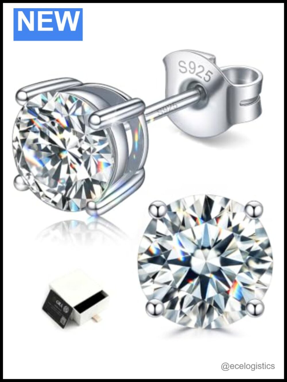 Moissanite Stud Earrings Solid 925 Sterling Silver 18K White Gold Plated